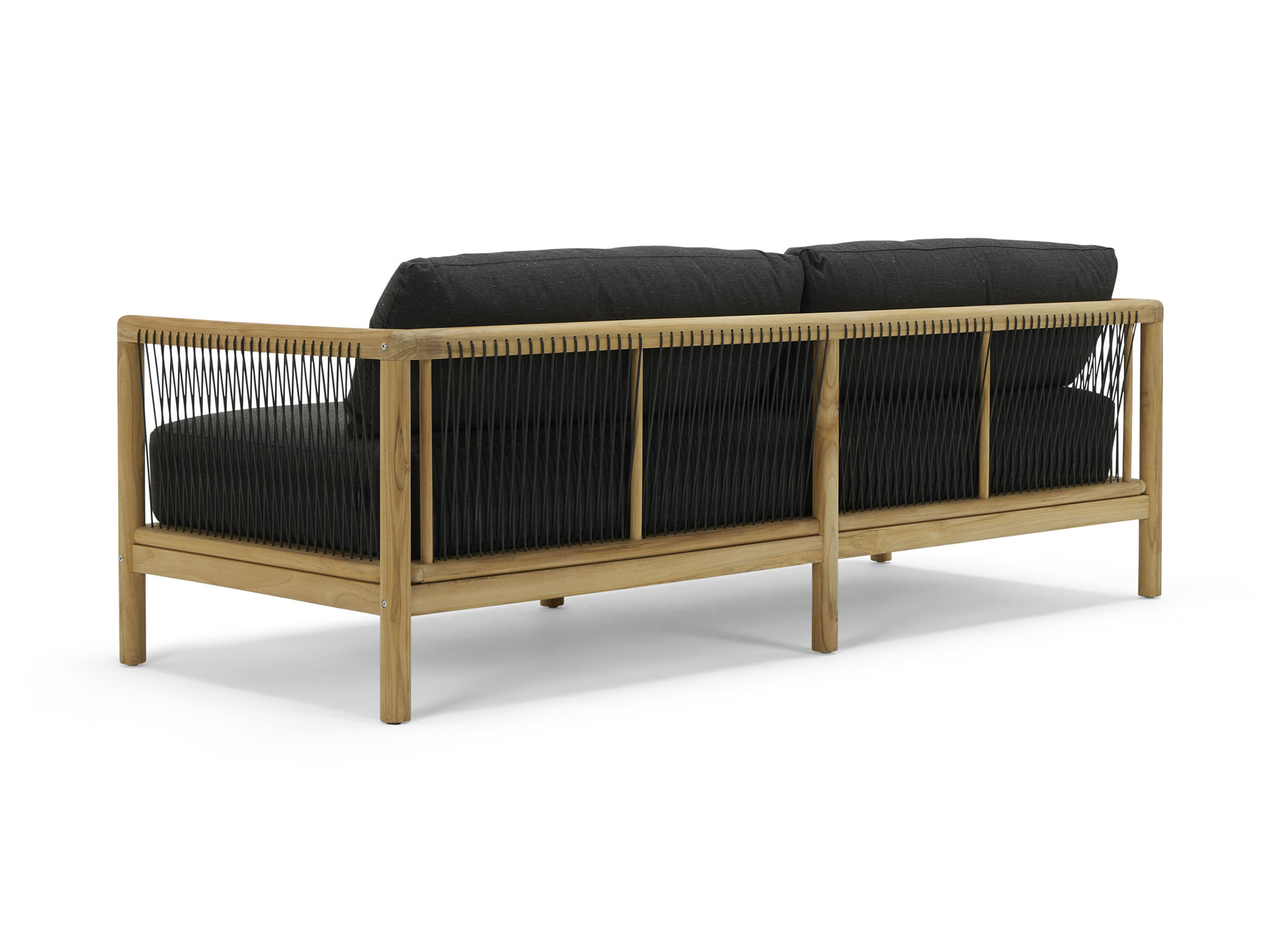 Back angle view of two seat outdoor sofa with black cushions